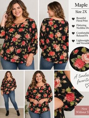 Women's 2X NWOT Black Floral Blouse